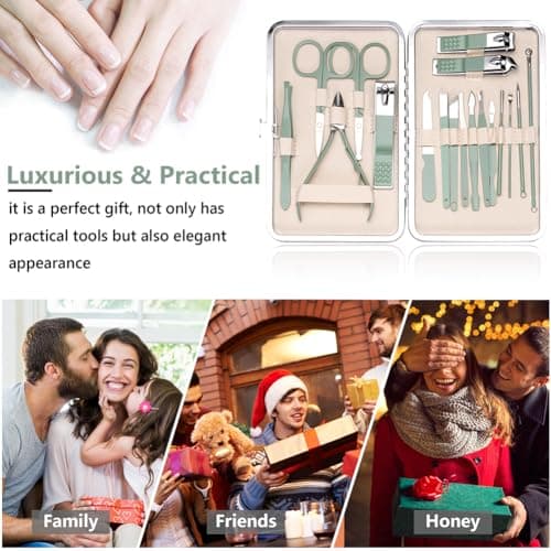 URAQT Professional Manicure Set, 18 pcs Portable Nail Clippers Pedicure Set & Eyebrow Grooming Kit, Stainless Steel Nail Care Tools with Luxurious Leather Case（Green） — view 4