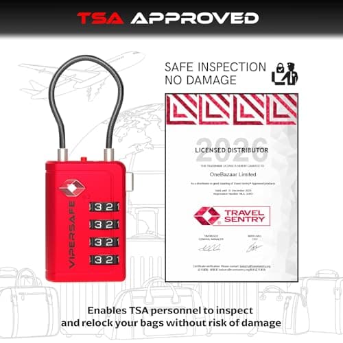 Vipersafe New TSA008, TSA Approved Luggage Lock with Open Alert Indicator – 4-Digit Travel Lock for Luggages, Bags & Backpacks – Heavy Duty Flexible Cable Padlock (Red, 1-Pack) — view 3