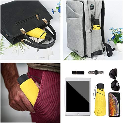 Vicloon Mini Travel Umbrella, Small Compact Umbrella with UPF50+ Protection, 210T Black Rubber Cloth & 6 Aluminum Alloy Ribs Folding Umbrellas, Lightweight Tiny Pocket Umbrellas (Yellow) — view 6