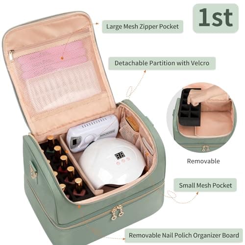 Nail Polish Organiser, Nail Varnish Storage Box Holds 45 Bottles Nail Polish & Nail Lamp, Nail Tech Travel Case, Nail Kit Carrying Bag for Nail Stuff & Manicure Tools (Green, 45 Slots) — view 2