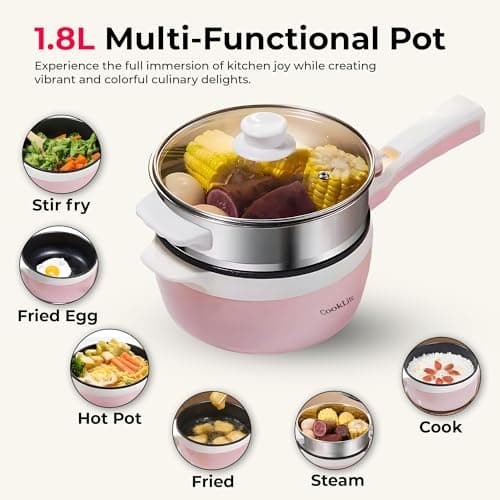 Electric Hot Pot with Steamer – 1.8L Multi-Functional Cooker, Non-Stick, Adjustable Temperature, Portable & Compact for Easy Cooking, Boiling, Simmering & Frying – Ideal for Home, Dorm & Travel (Pink) — view 2
