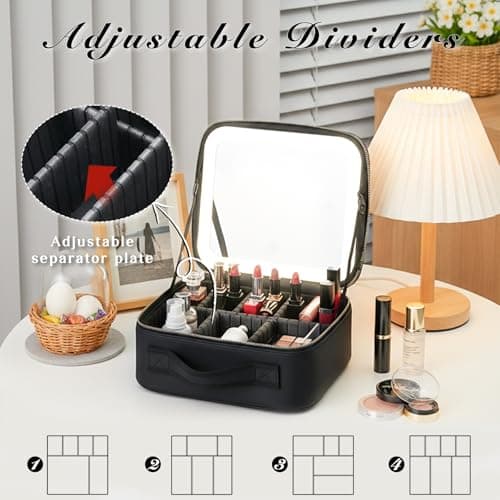 Makeup Bag with LED Mirror, Cosmetic Travel Bag with Light up Mirror, Portable Vanity Case with Adjustable Dividers, Makeup Brush Holder Storage — view 3