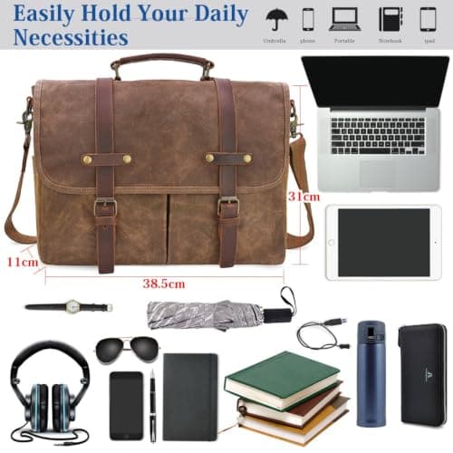 NEWHEY Mens Laptop Shoulder Canvas Messenger Bag Waterproof Computer Briefcase Notebook Vintage Satchel Designer School Work Bags Brown 15.6 Leather — view 4