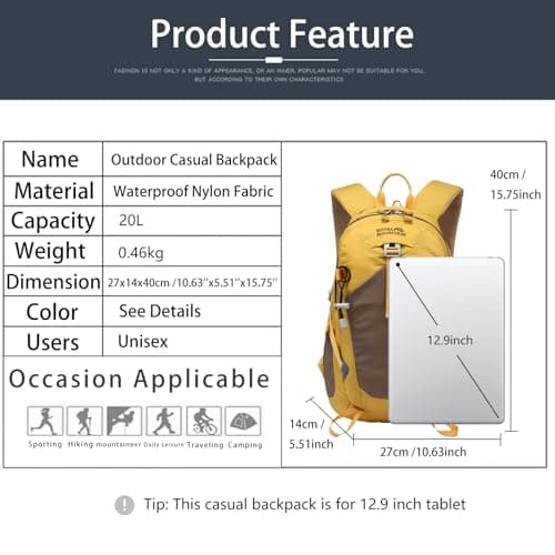 Lightweight Hiking Backpack, 20L Women/Men Waterproof Travel Rucksack Bag with Rain Cover, Outdoor Small Foldable Daypack for Student, Fit for 12.9 inch Laptop, Yellow — view 2