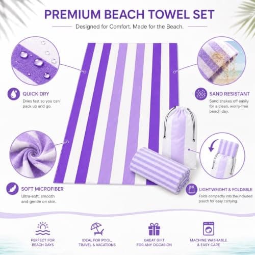Oversized Microfibre Beach Towel Set, 180 x 90 cm Quick Dry Sand Resistant Beach Towel with 75 x 35 cm Drying Towel and Drawstring Bag, Lightweight Travel Towel for Beach, Pool, Picnic, Purple Stripe — view 6