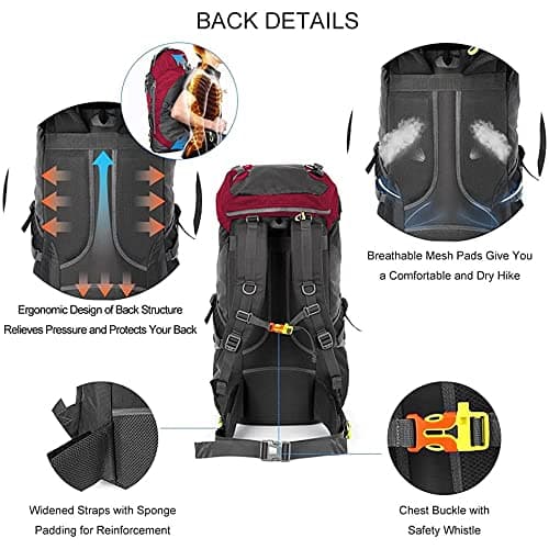 NACATIN Hiking Backpack, 60L Large Rucksack for Men Women, Tear and Water-resistant Ideal for Camping Trekking Travel Outdoor (Red) — view 3