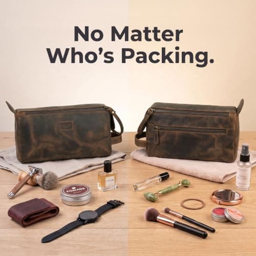 Leather Village Premium Leather Travel Toiletry Bag - Unisex Water-Resistant Travel Dopp Kit, Shaving & Cosmetic Organizer for Men & Women - Compact Bathroom Essentials - Distressed Brown — view 2