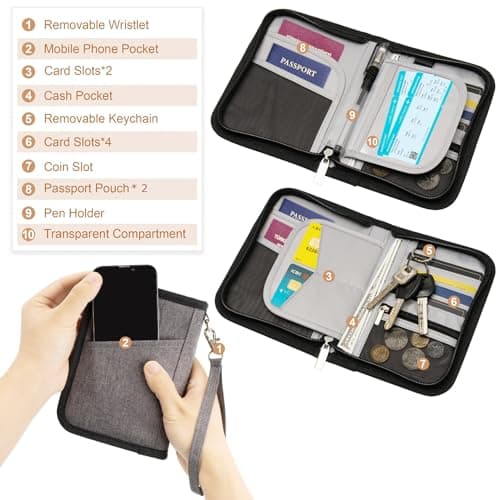 Passport Holder Travel Wallet, For 2 Passports, Small Passport Bag, Double, Dual, A5, Document Folder, Case, Purse, RFID Blocking, Holiday, Waterproof Organisers, Travel Accessories, Grey, UK GBRN S — view 2