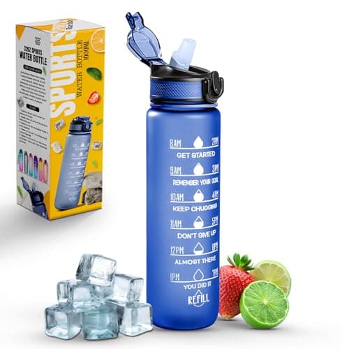 Roe Tenpo Sports Water Bottle with Straw and Time Marking, and 32OZ Capacity - Motivational and Eco-Friendly BPA-Free Bottle for Running, Gym, Yoga, Outdoors, and Camping (Style-1, Blue)