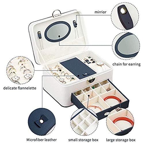 OZBMA Jewellery Organizer for Women Multi-Layer Travel es with Mirror and Lock Earrings Necklaces Rings Bracelet Boxes (25X18.5X13.5cm) (Color : Blue) (White) (White) — view 6