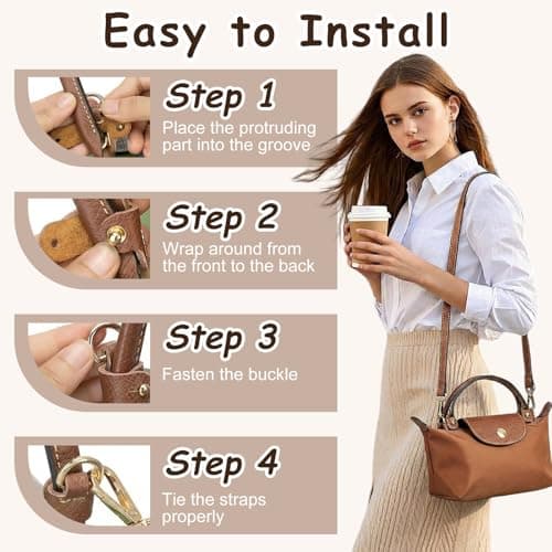 Leather Bag Strap Replacement for Mini Bags, Adjustable No Punch Shoulder Strap with Adapter Kit, PU Leather Crossbody Strap Compatible with Handbags, Shoulder Bags and Purse, 37-49 Inches Brown — view 6
