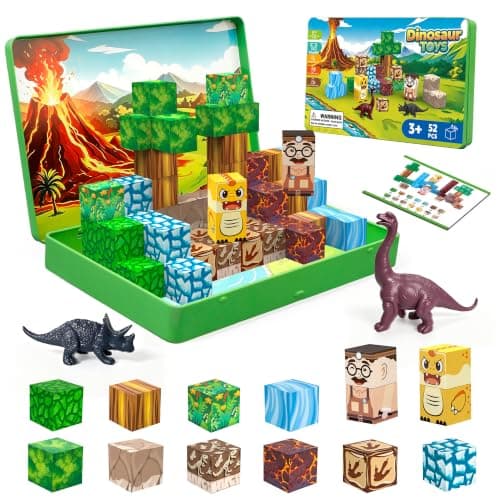 DQMOON Magnetic Building Blocks for Kids, 52PCS Dinosaur Toys for Boys Girls Ages 3-8, Travel Magnet Cube Set with Metal Storage Box, Montessori STEM Learning Toys Birthday Gifts Xmas Stocking Fillers