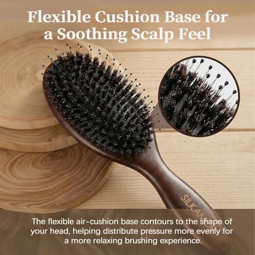 SilkAmor Boar Bristle & Nylon Mixed Hair Brush Set, Wooden Cushion Paddle for Gentle Detangling & Smoother-Looking Hair, Travel Kit with Cleaner, Mirror, Headband & Linen Pouch — view 3