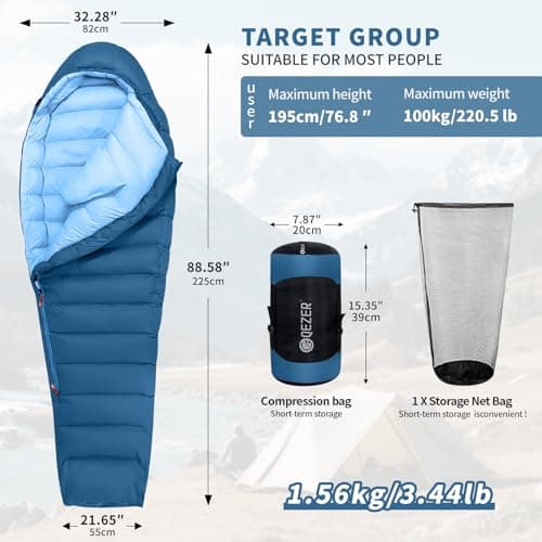 QEZER Winter Sleeping Bag for Adults, Lightweight Down Sleeping Bag -20 Degree C for Cold Weather Camping and Mountaineering Outdoor with 650 FP Duck Down (Blue, 1000g down) — view 2