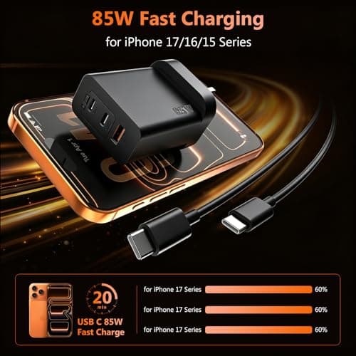 USB C Plug Fast Charge, 85W 3-Port GaN Fast Charging Plug with USB C to C & USB to USB C Cable 2M, Multiport PD Type C Charger Plug for MacBook Pro/iPhone 17 16 15 Pro Max/iPad/Samsung Galaxy,Black — view 3