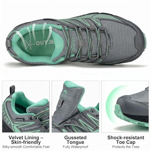 OUTJET Women's Waterproof Lightweight Walking & Hiking Shoes, Cushioned Anti-Slip Outdoor Trainers for All-Day Rambles & Treks Green — view 6