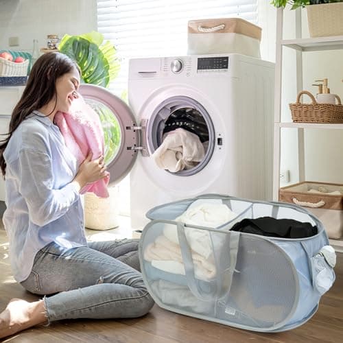 KIAYOO Collapsible Laundry Basket,Foldable Clothes Hamper 2 Compartments with Side Pocket Bag,Pop up Washing Bin Bag for Bathroom,Bedroom,College Dorm,Hotel,Travel,Grey — view 2