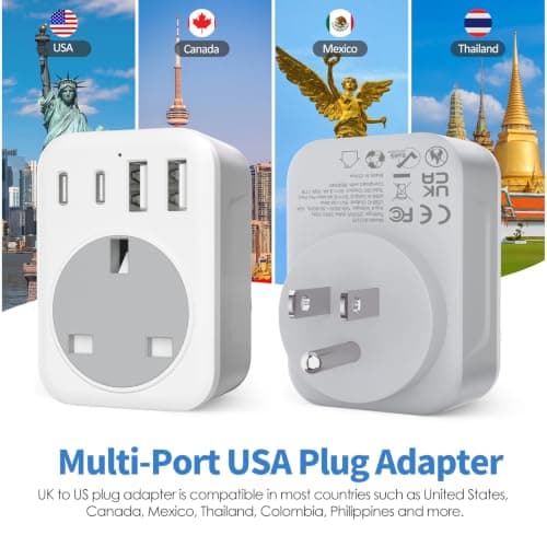 UK to USA Plug Adapter, 5 IN 1 US Travel Adapter with 2 USB &2 USB C Ports — view 2