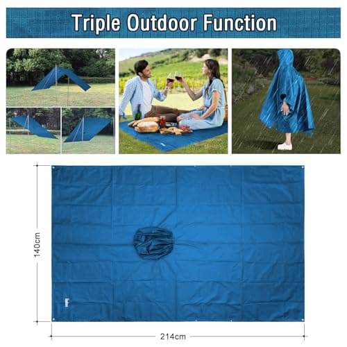 Azeekoom Rain Jacket Rain Poncho, Raincoat Waterproof Unisex Camping Tent Camping Blanket 3-in-1 Multifunctional Rain Cape for Outdoor Picnic Trekking Camping Fishing Hunting Trip (Dark Blue) — view 3