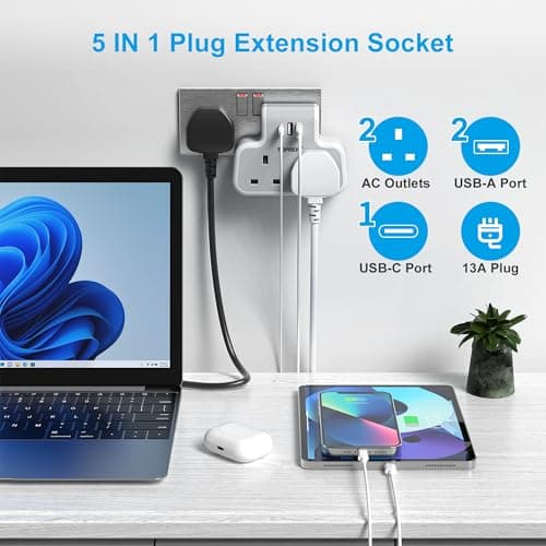 TOPREK Multi Plug Extension Socket with 2USB-A & 1USB-C, 2 Way Plug Adapter — view 2