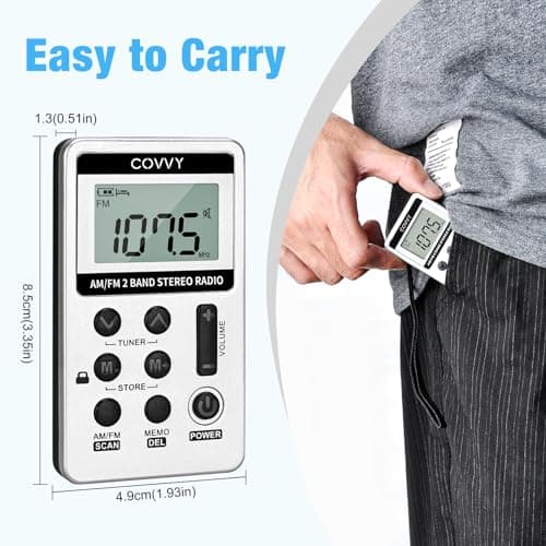 AM FM Pocket Radio HanRongDa Portable Digital Tuning AM/FM Mini Stereo Radio Player with Rechargeable Battery and Earphone for Outdoor Walk (Silver) — view 2