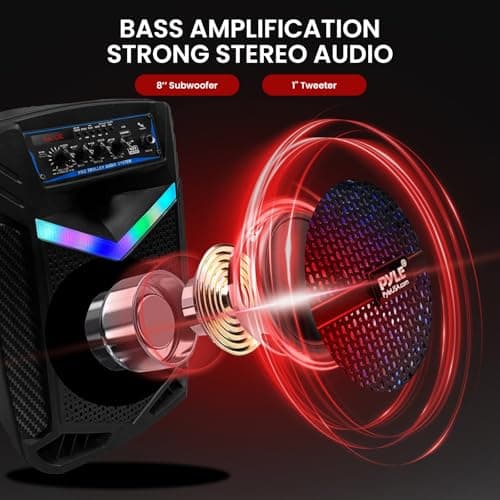 Pyle, Portable PA System, Active Speakers, Powered Speakers –400W Rechargeable Outdoor Bluetooth Speaker- w/ 18” Subwoofer 1” Tweeter, Microphone and Speaker, PartyBox Lights, Recording, USB/SD/Radio — view 2