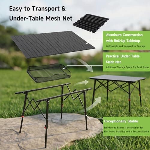 HAUSPROFI Folding Camping Table, 120x70cm Height Adjustable Garden Table, Portable Roll up Picnic Table with Large Storage and Carrying Bag Support 100kg — view 3