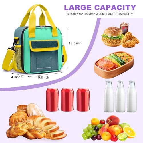 Kuosdaz Lunch Box for Kids, Large Double-Insulated Lunch Bag for Boys, Cooler Bag Back to School Thermal Reusable, Cute Preppy Students Lunch Tote Pail with Water Bottle Holder, Blue & Green — view 2
