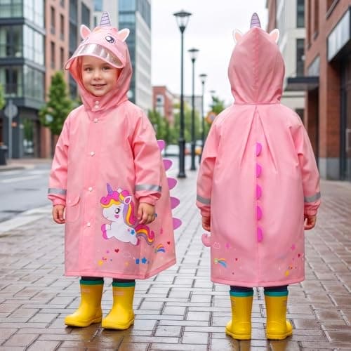Adiwo Rain Poncho Girls Boys, Boys Girls Portable Raincoat, Kids Raincoats with Hood, Cartoon Poncho Toddler, Kids Lightweight Rainwear Waterproof Reusable, Pink Unicorn (M) — view 2
