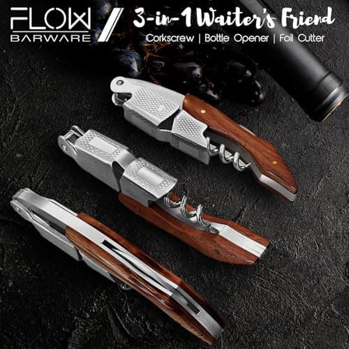 FLOW Barware Waiters Friend 3-in-1 Corkscrew Wine Bottle Opener with Foil Cutter | Professional Wine Opener & Cork Screw for Restaurant, Bar, Home | Sommelier Multi-Tool — view 3