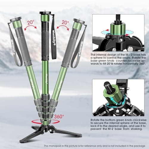 Manbily M-2 Monopod Base with Three Feet, Mini Desktop Tripod, 3/8 inch Screw, Monopods Stand Support Travel for DSLR Camera Ball Fluid Head Camcorder, Tilt 20° & Rotate 360° (Green) — view 3
