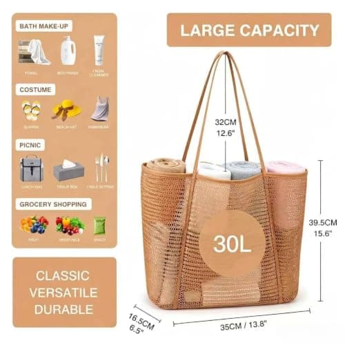 Jenck Foldable Mesh Beach Bag, Large 30L Waterproof Summer Tote Bag with Zipper, Beach Bags for Women with Multiple Pockets, Holiday Essentials Handbag for Summer Holiday Travel Shopping, Brown — view 2