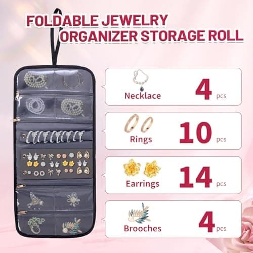 Travel Toiletry Bag for Women, Pink, with 5 Detachable Compartments, Jewelry Organiser Roll, Makeup Cosmetic Organiser — view 3