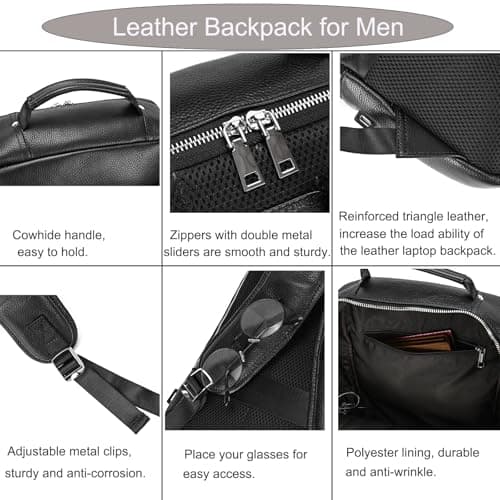 LUUFAN Genuine Leather Backpack Men Casual Daypack Vintage 15.6 Inch Laptop Rucksack Business Slim Travel Outdoor Shoulder Bag with Trolley Sleeve (Black) — view 5