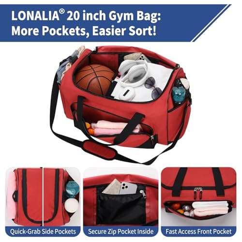 LONALIA 45L Sports Holdall Bags for Men, Gym Duffle Bag, Red — view 3