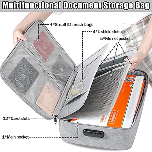 Safe Document Bag with Lock, Multi-Layer File Storage Box, Document Organizer Bag for Home Office Travel,Portable Storage Bag For Ipad,Cash,Jewelry,Passport,Certificates(Gray) — view 3