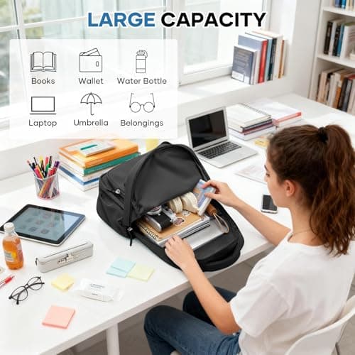 HYC00 School Bag Girls Teens Backpack Womens Fits 15.6 Inch Laptop Water-Resistant Lightweight Rucksack Bag for Women with Anti-Theft Pocket for School College Travel Work Daily Casual Daypacks, Black — view 4
