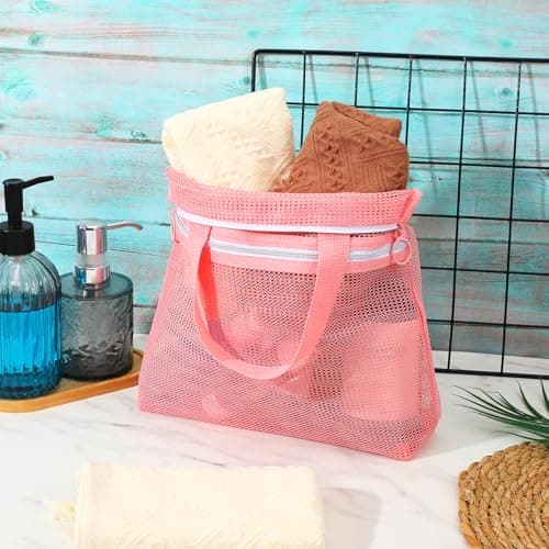Mesh Shower Caddy, Portable Quick Dry Mesh Toiletry Tote Bag Small Hanging Wash Bag with Zipper for College Dorms, Gym, Beach, Camping, Swimming, Yoga and Travel (Pink) — view 6