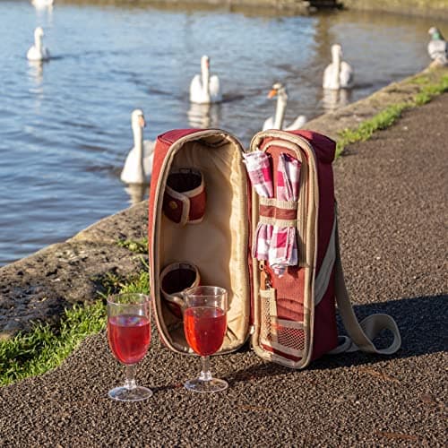 2 Person Deluxe Insulated Wine Cooler Bag for Picnic, Camping and Beach with 2x Polycarbonate Wine Glasses in Mulberry Red — view 6