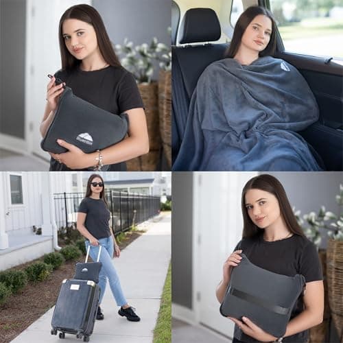BlueHills Premium Soft Long Travel Blanket Pillow for Tall Airplane Flight Blanket Throw in Soft Bag case with Hand Luggage Belt & Backpack Clip Compact Pack Large Blanket Grey Gray T052 — view 3
