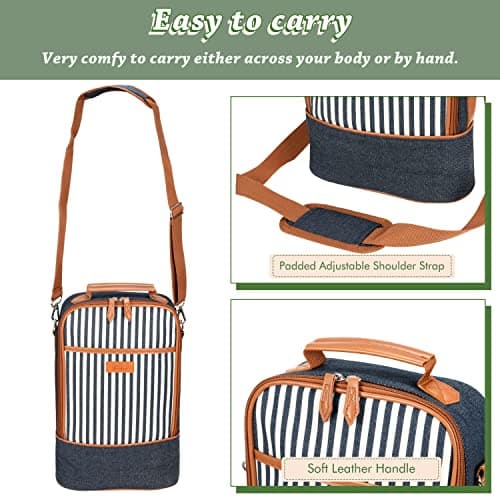 Kato Tirrinia Insulated 2 Bottle Wine Cooler Bag - Wine Cooler Tote Carrier for Picnic, Beach, Wine Lover Gift, Denim Stripe — view 4