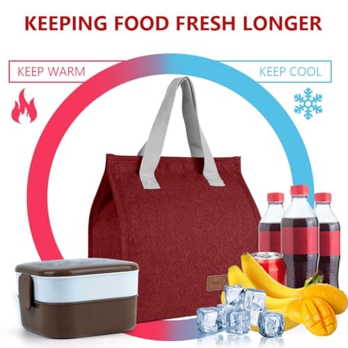 Vicloon Lunch Bags for Women Men, Portable Lunch Box Bag, Insulated Cooler Bag Thermal Leak-Proof Lunch Organizer, Thermal Cooler Bag for Work Outdoor School Travel - Wine Red — view 6