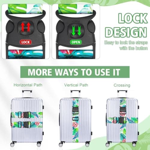 MOTONG 2 PCS Luggage Straps Hawaiian Floral Adjustable Suitcase Straps Personalised Rainforest Luggage Straps Suitcases Heavy Duty Suitcase Belts Thickened Luggage Belt with Quick Release Buckle — view 4