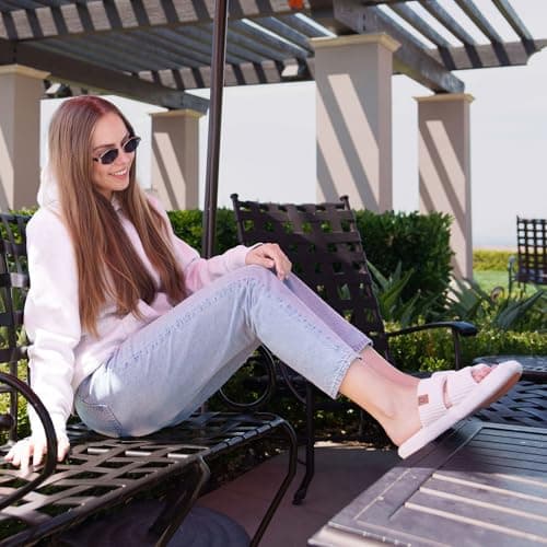 LongBay Women's Memory Foam Open Toe Slippers Lightweight Bedroom Comfy Indoor House Shoes Beige, 7-8 — view 2
