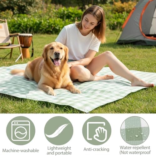 HunnmingRe Gingham Pocket Picnic Blanket Lightweight Portable, Sage Green — view 5