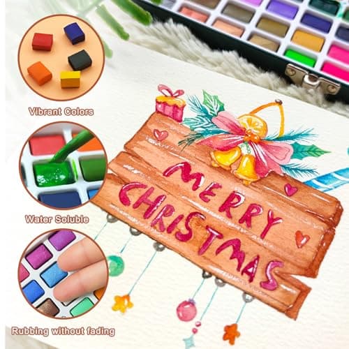Artecho Watercolour Paint Set 50 Colors in Portable Box Including 4 Fluorescent Colors, Travel Watercolour Set with Water Colour Papers, Brushes and Other Tools, Idea for Artists and Hobbyists — view 5