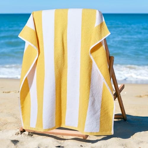 La Maison Cabana Stripe Beach Towels 100% Cotton 70cm x 150cm Large Pool Towel Absorbent Supersoft Quick Dry Sand Proof Beach Towel Holiday Yoga Gym Swimming Towel (1, Yellow) — view 2