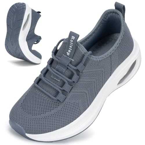 Rollstep Wide Toe Box Shoes Women Extra Wide Width Sneakers Air Cushion Road Running Shoes Ultra Light Tennis Gym Workout Training Shoes Breathable Walking Shoes with Arch Support, Dark Grey, 5 UK