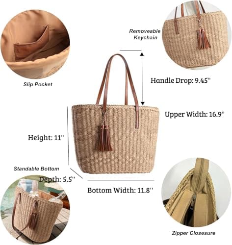 YXILEE Large Straw Bags For Women | Straw Travel Beach Totes Bag M Woven Summer Tote Handmade Shoulder Bag Handbag, Khaki, XL — view 5