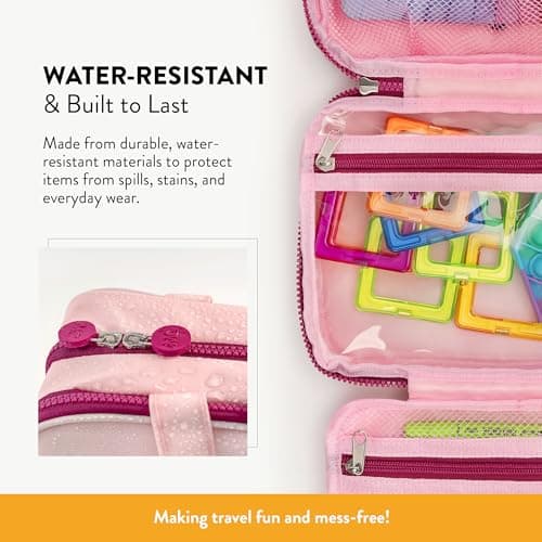 Kids Travel Organizer – Multi-Compartment, Water-Resistant Hanging Bag for Toys, Snacks, & Activities - Compact, Lightweight Design with Hook & Carry Handle - Perfect for Travel Use (Pink, Small) — view 3